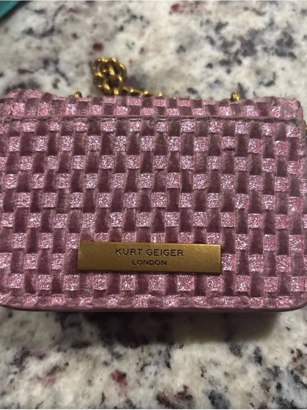 Kurt Geiger Pink Woven-Texture Mini Clutch with Gold Emblem